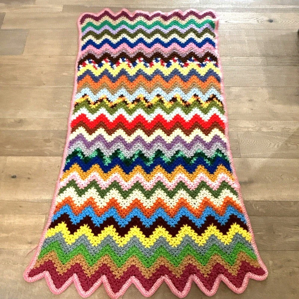 Vintage Crochet Zig Zag Afghan Blanket Throw Colorful Chevron Pattern 63